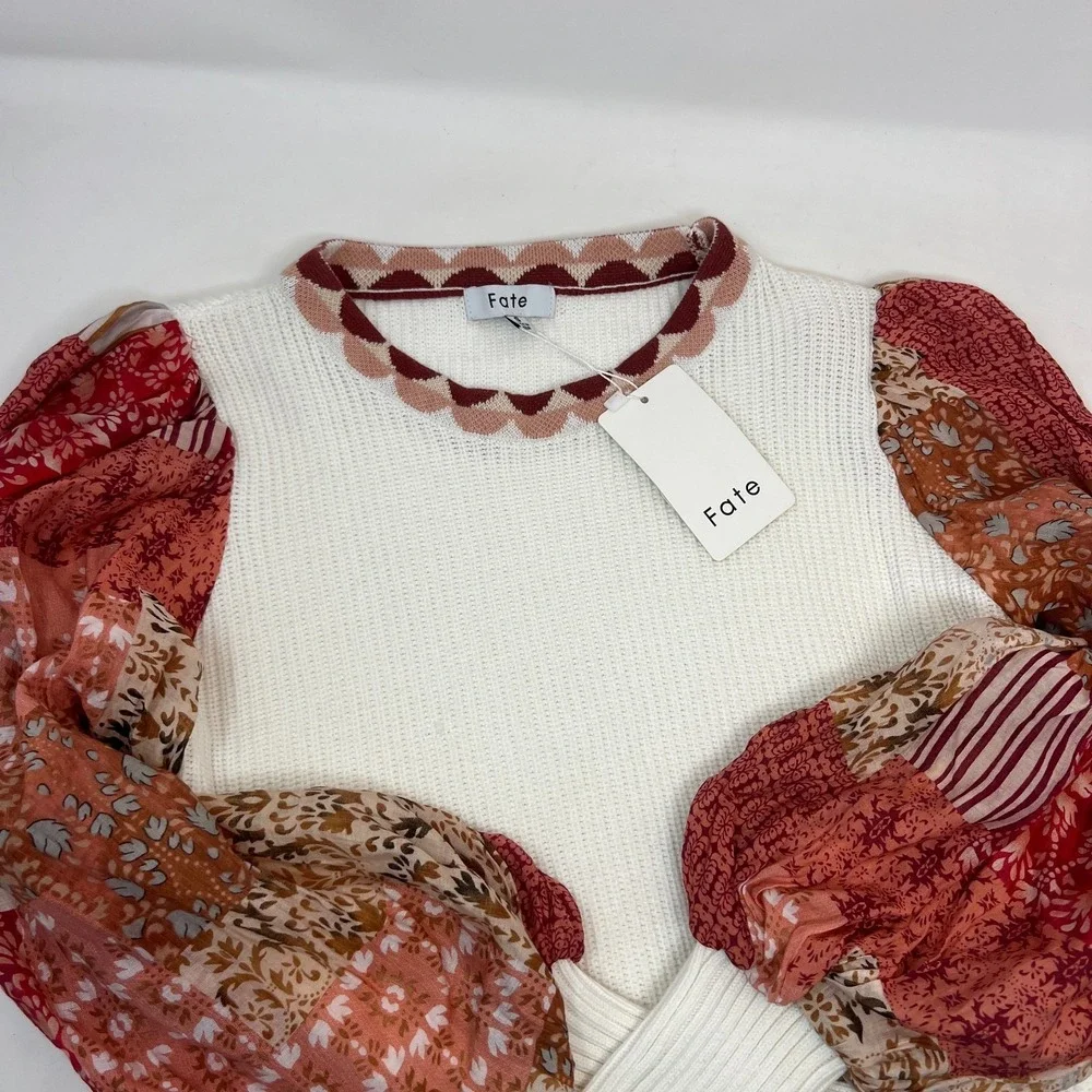 Fate Cream Knit Patchwork Bubble Sleeve Pullover Sweater Size Small NEW - Picture 3 of 16